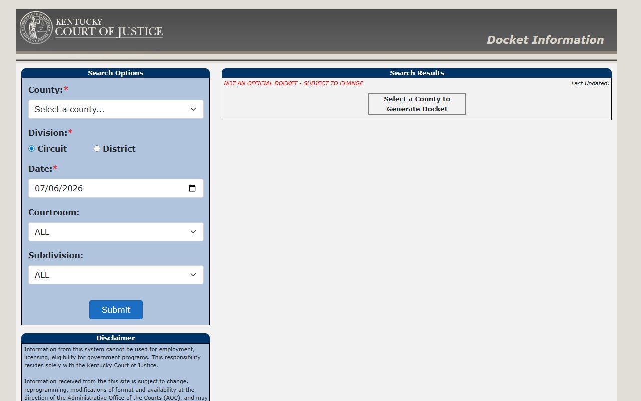 Kentucky Court of Justice docket search for court records after arrest