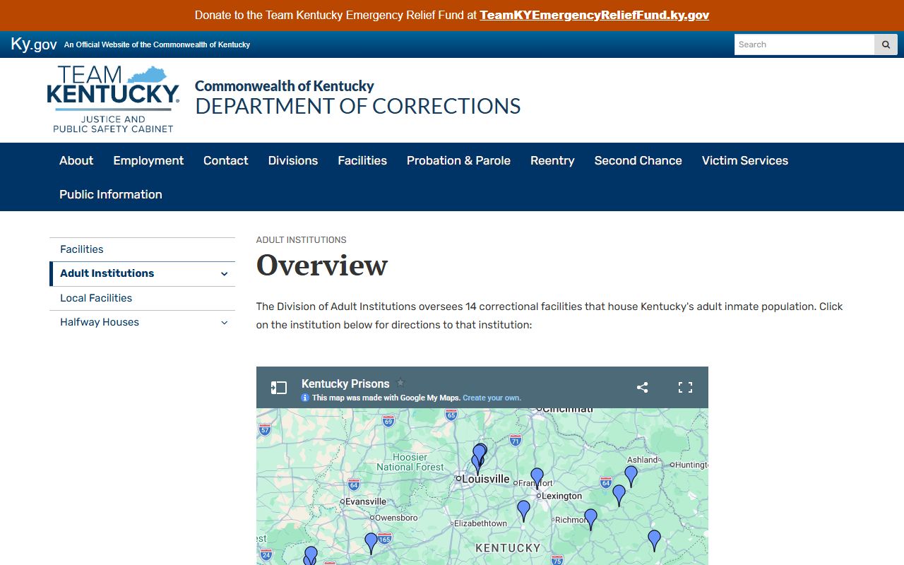 KY DOC adult institutions list for Kentucky state prison population lookup