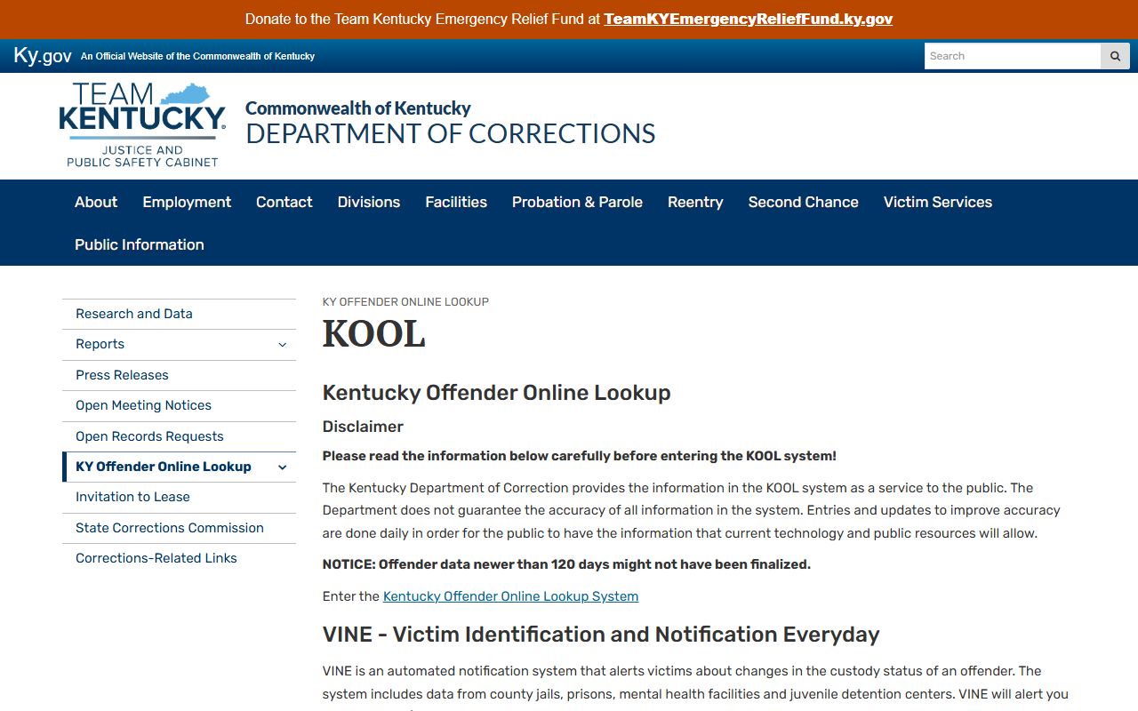 KY DOC KOOL information page for Kentucky inmate search