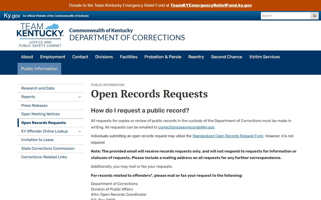 KY DOC open records route for inmate photo and records requests
