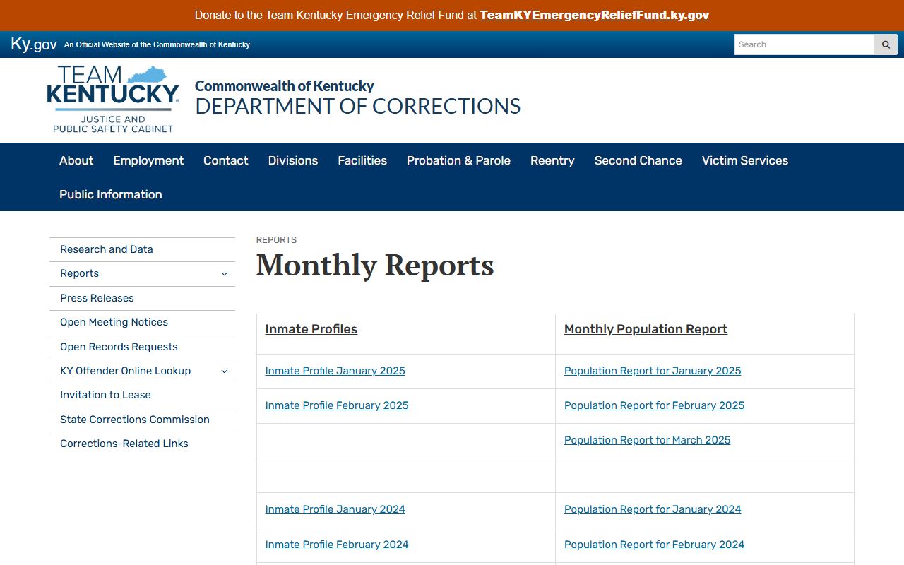 KY DOC research and statistics archive for Kentucky inmate population reports