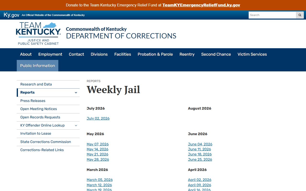KY DOC weekly jail reports for Kentucky county jail inmate population counts