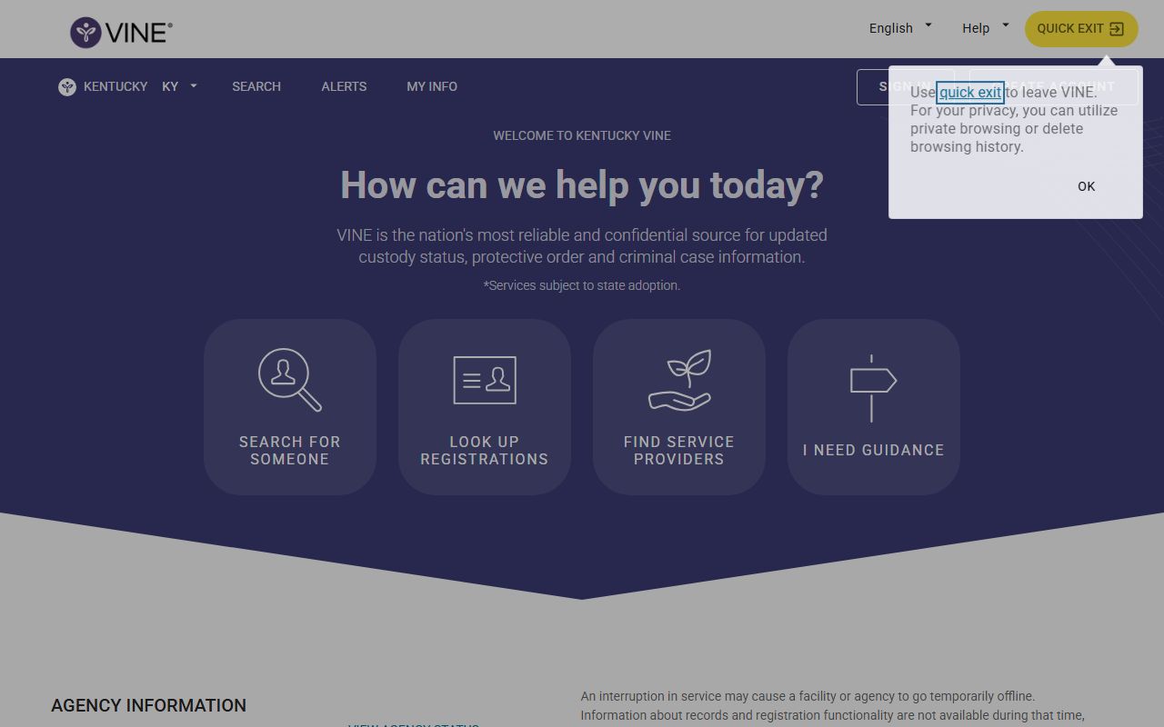 Kentucky VINELink custody notification portal for inmate population searches